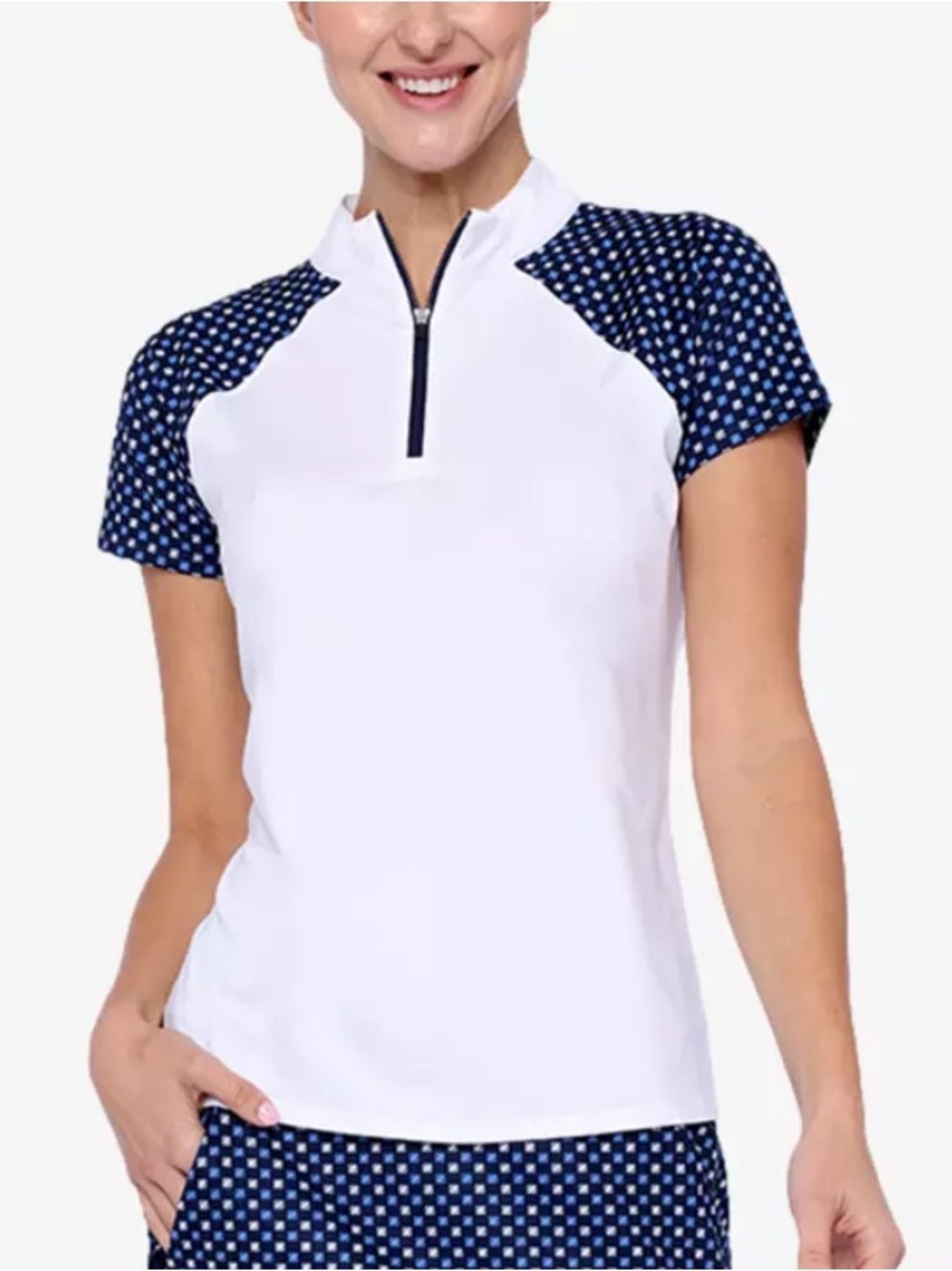 NWT BELYN KEY Top Women Large White Blue Raglan Short Sleeve Golf UPF 50 1/4 Zip